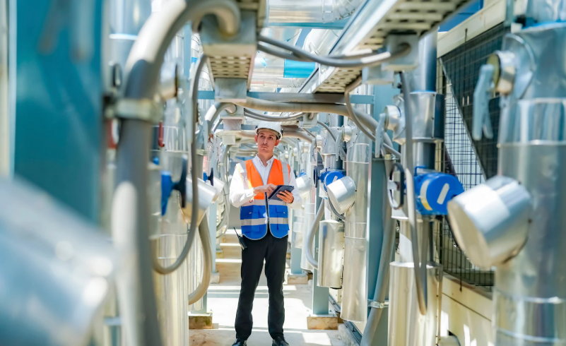 11Engineer in high-visibility safety vest inspecting industrial piping and machinery in a brightly lit plant corridor, holding a digital tablet and surrounded by metal pipes, cables and equipment.