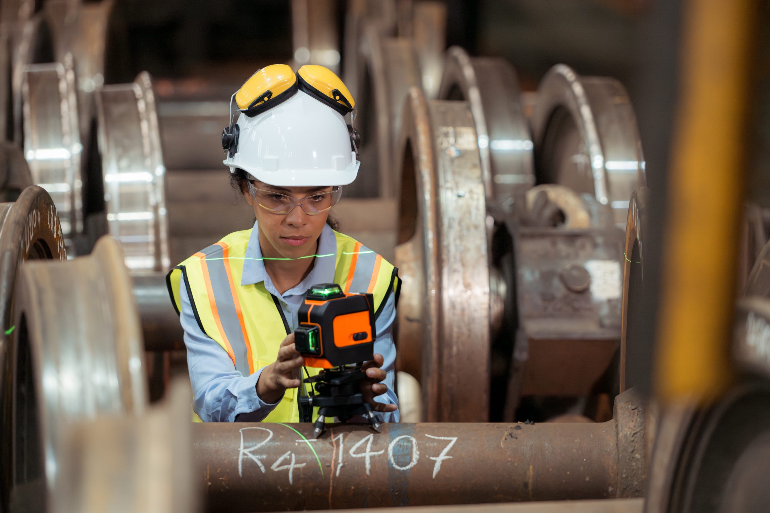 11Engineer using laser equipment to inspect and align industrial machinery components.